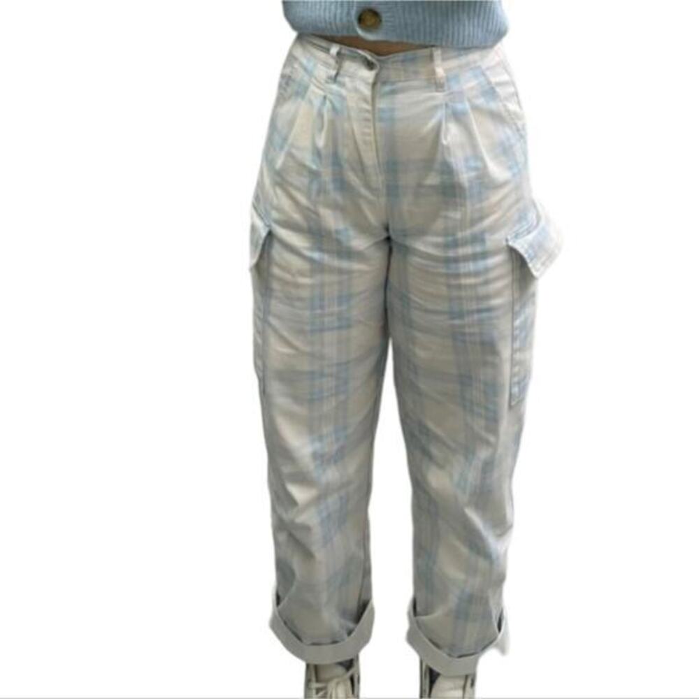 Asos pale Blue and White Plaid Pleated High‎ Rise Cargo Pants Size 6 Petite